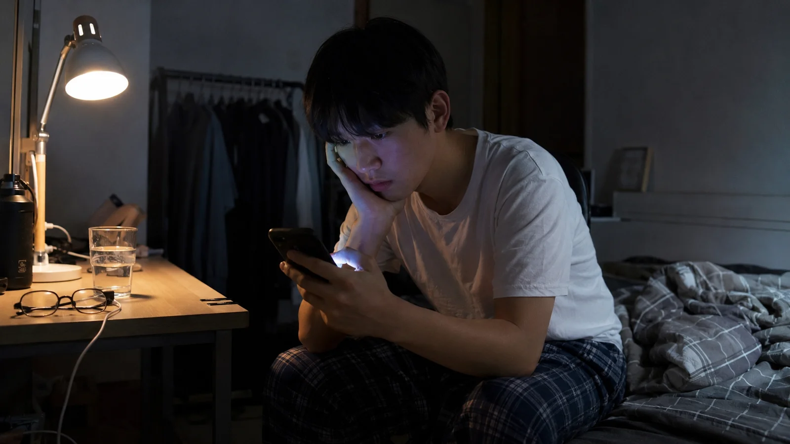 밤 늦게 자기 방에서 스마트폰 화면을 근심스럽게 들여다보는 청소년
