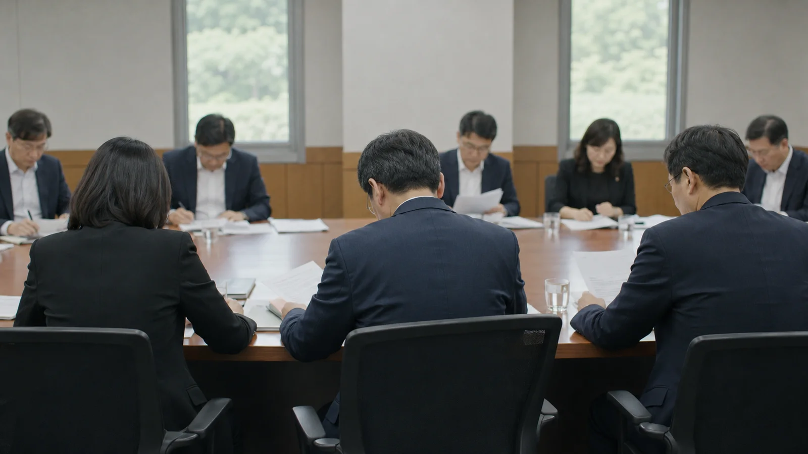 교육지원청 회의실에 심의위원회 위원들이 서류를 놓고 앉아 있는 모습