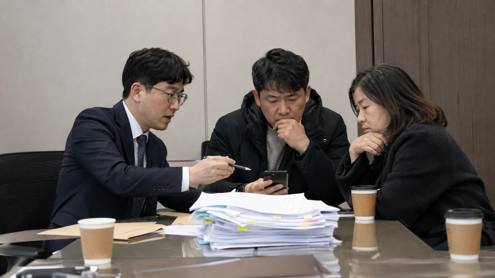 변호사가 학부모와 함께 사건 기록과 휴대전화 메시지를 검토하는 모습
