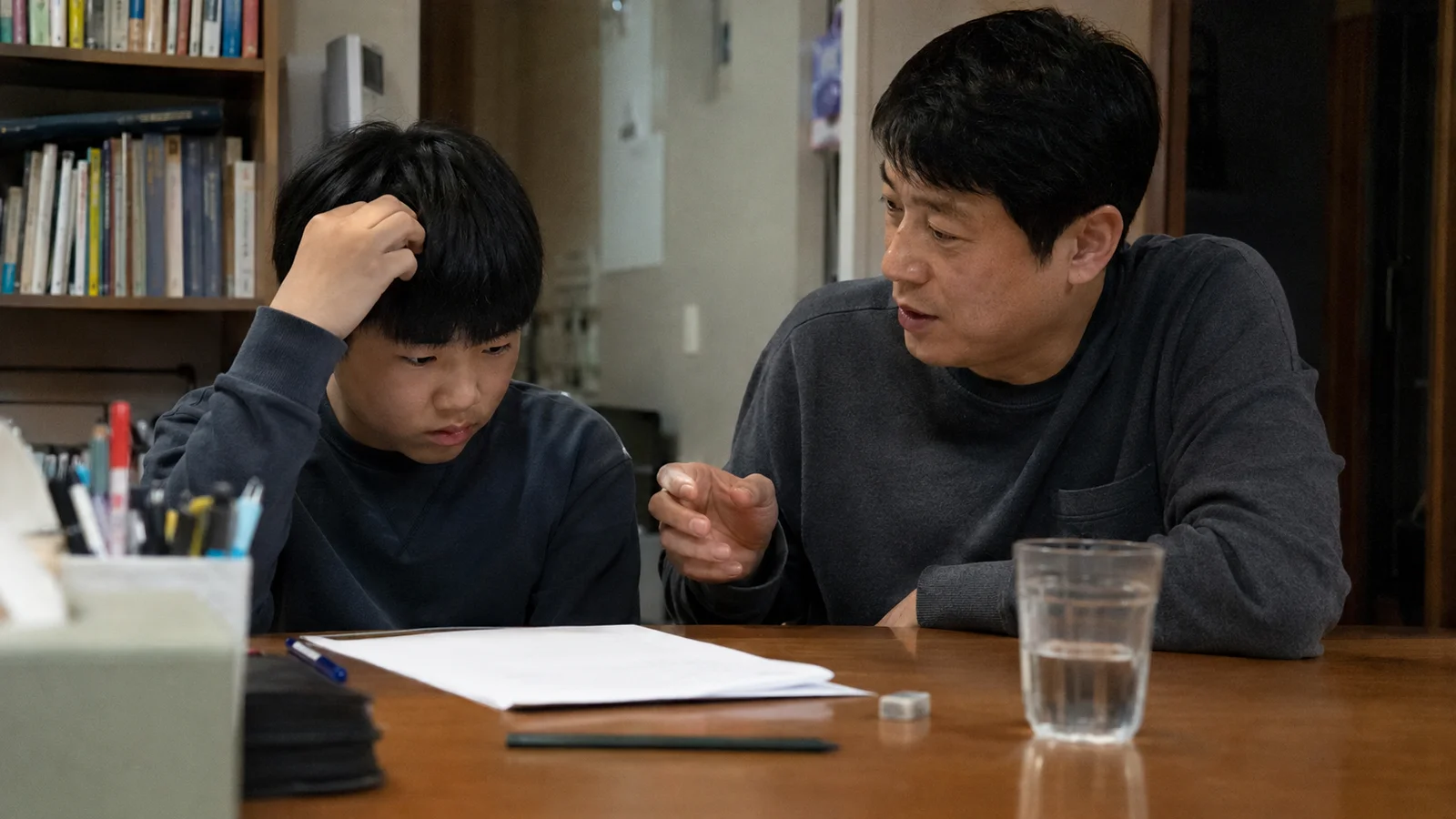 식탁에서 학생이 진술서 작성을 앞두고 부모와 이야기를 나누는 모습