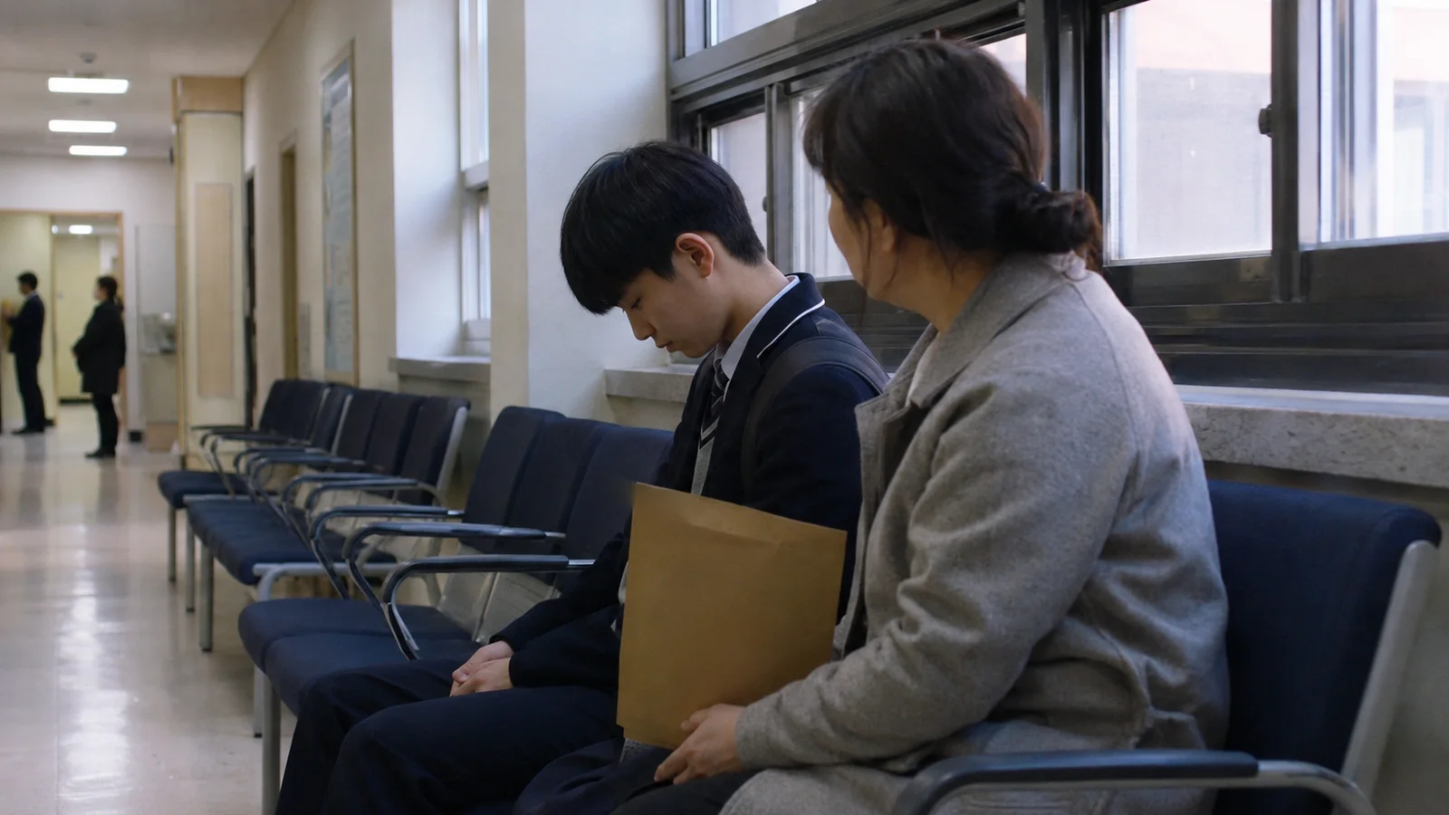 교육지원청 복도 의자에 앉아 심의위원회 순서를 기다리는 학생과 학부모