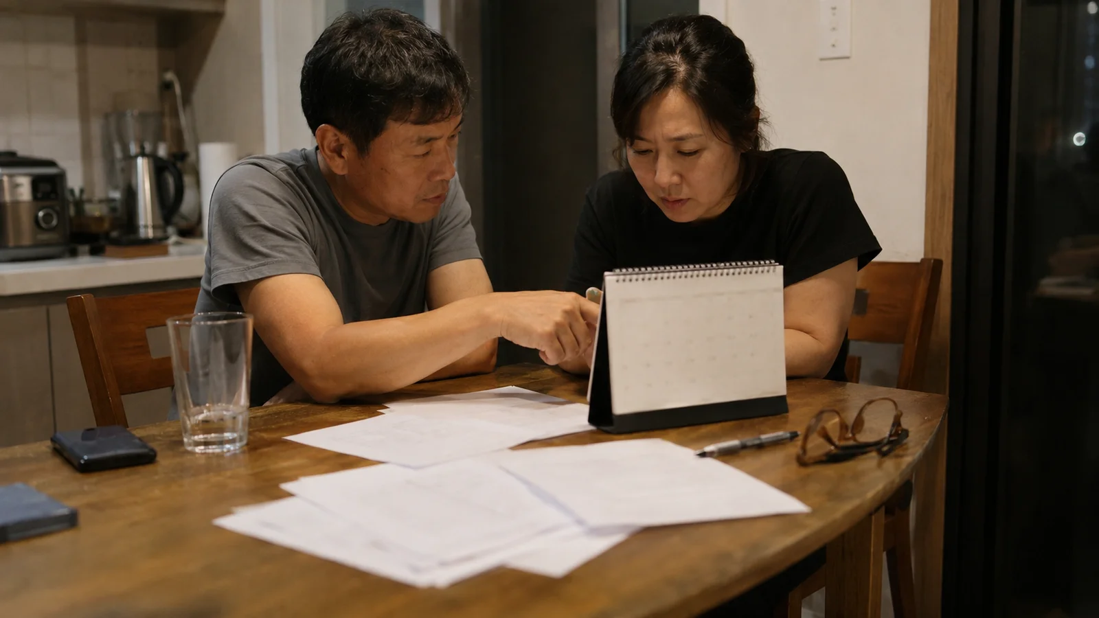 식탁에 놓인 달력과 서류를 앞에 두고 소송 일정을 상의하는 부모
