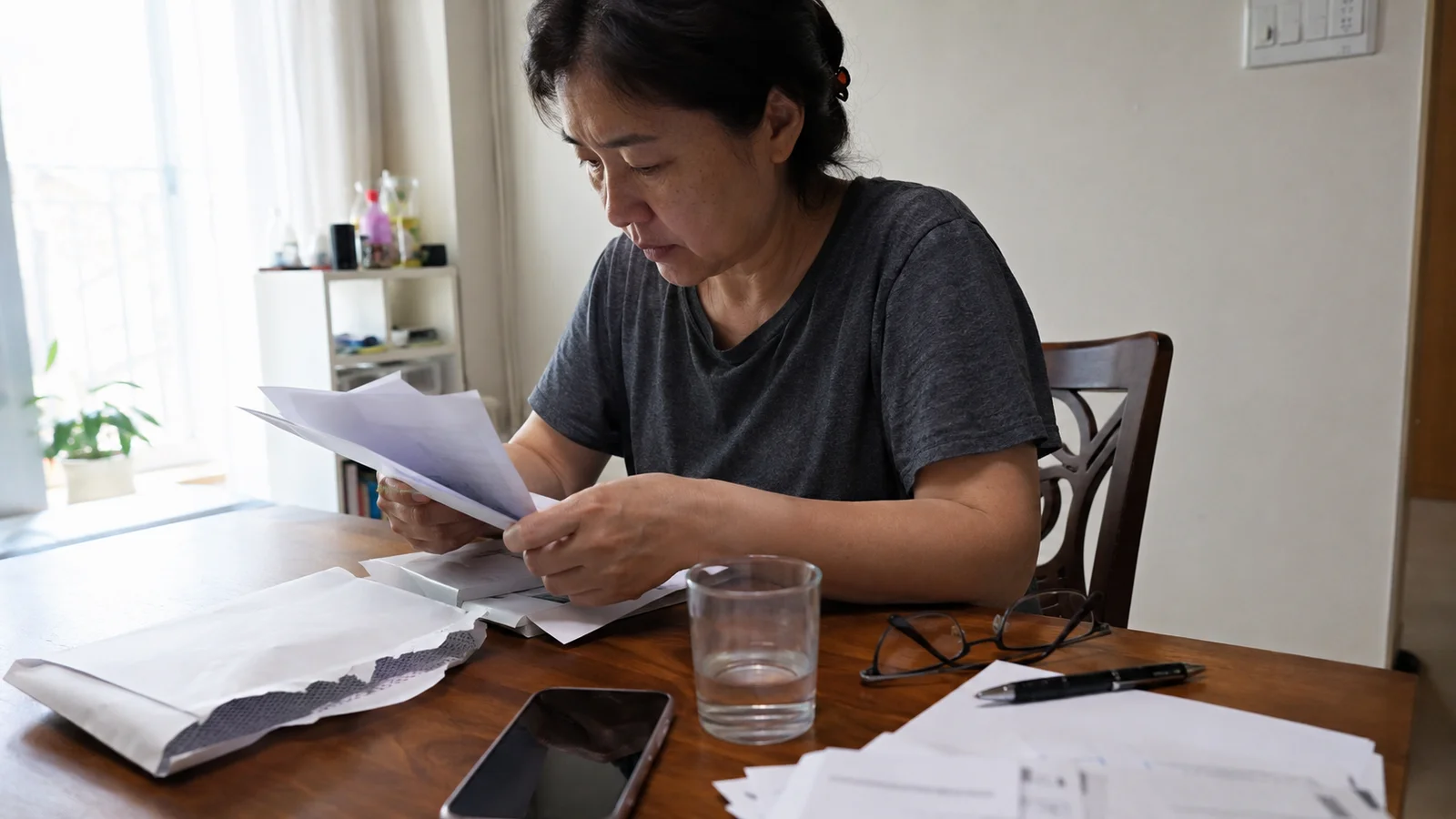 학교로부터 온 심의위원회 결과 통지서와 병원 진단서를 식탁에서 살펴보는 학부모