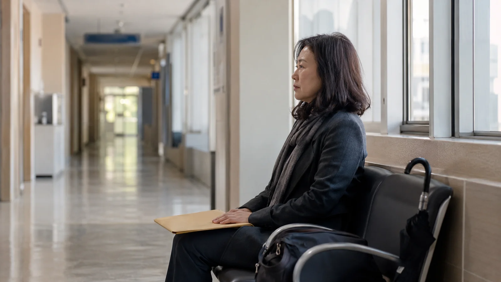 낮 교육지원청 건물 복도에서 서류 봉투를 들고 대기 의자에 앉아 있는 학부모