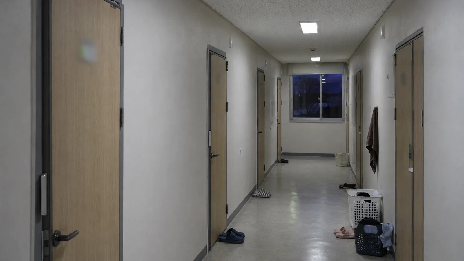 저녁 무렵 한국 고등학교 기숙사 복도