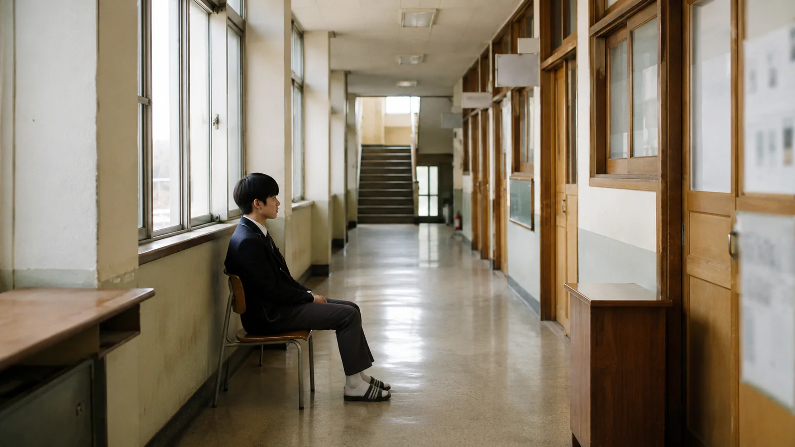 방과 후 교무실 앞 복도에서 대기하는 학생