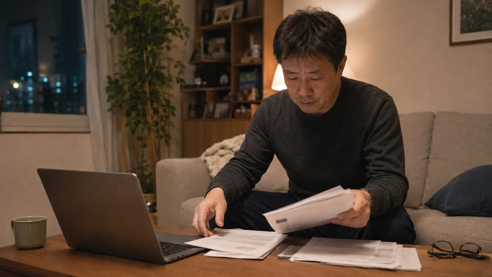 저녁 거실에서 노트북으로 자료를 정리하는 아버지