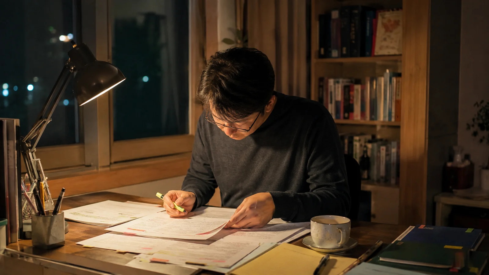 서재에서 자료를 검토하는 모습