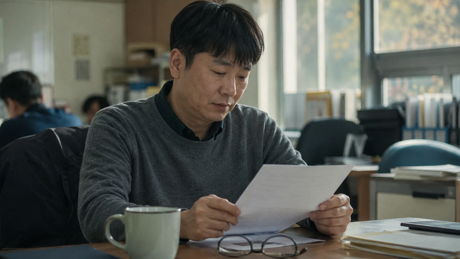 교무실 책상에서 학생들이 작성한 확인서 서류를 검토하는 한국인 교사