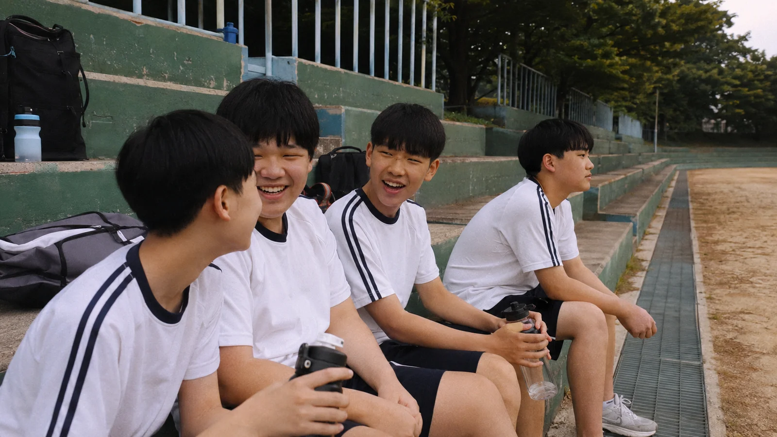 학교 운동장 스탠드에 모여 앉아 웃고 있는 남학생들과 그 옆에 굳은 표정으로 앉아 있는 한 학생