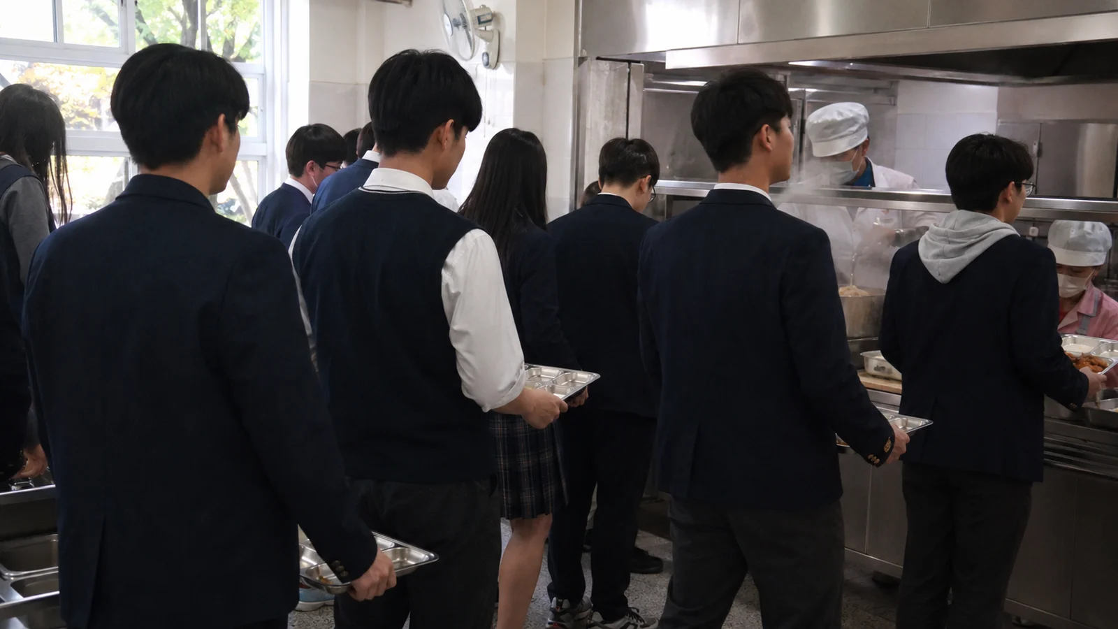 점심시간 한국 학교 급식실에서 식판을 들고 배식 줄에 선 학생들의 뒷모습