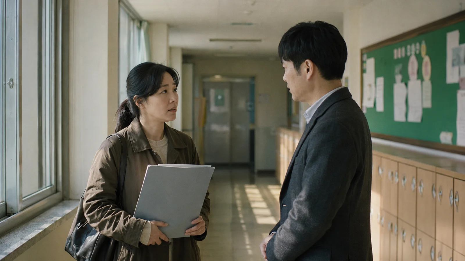 학교 복도에서 서류를 든 보호자와 이야기하는 교사