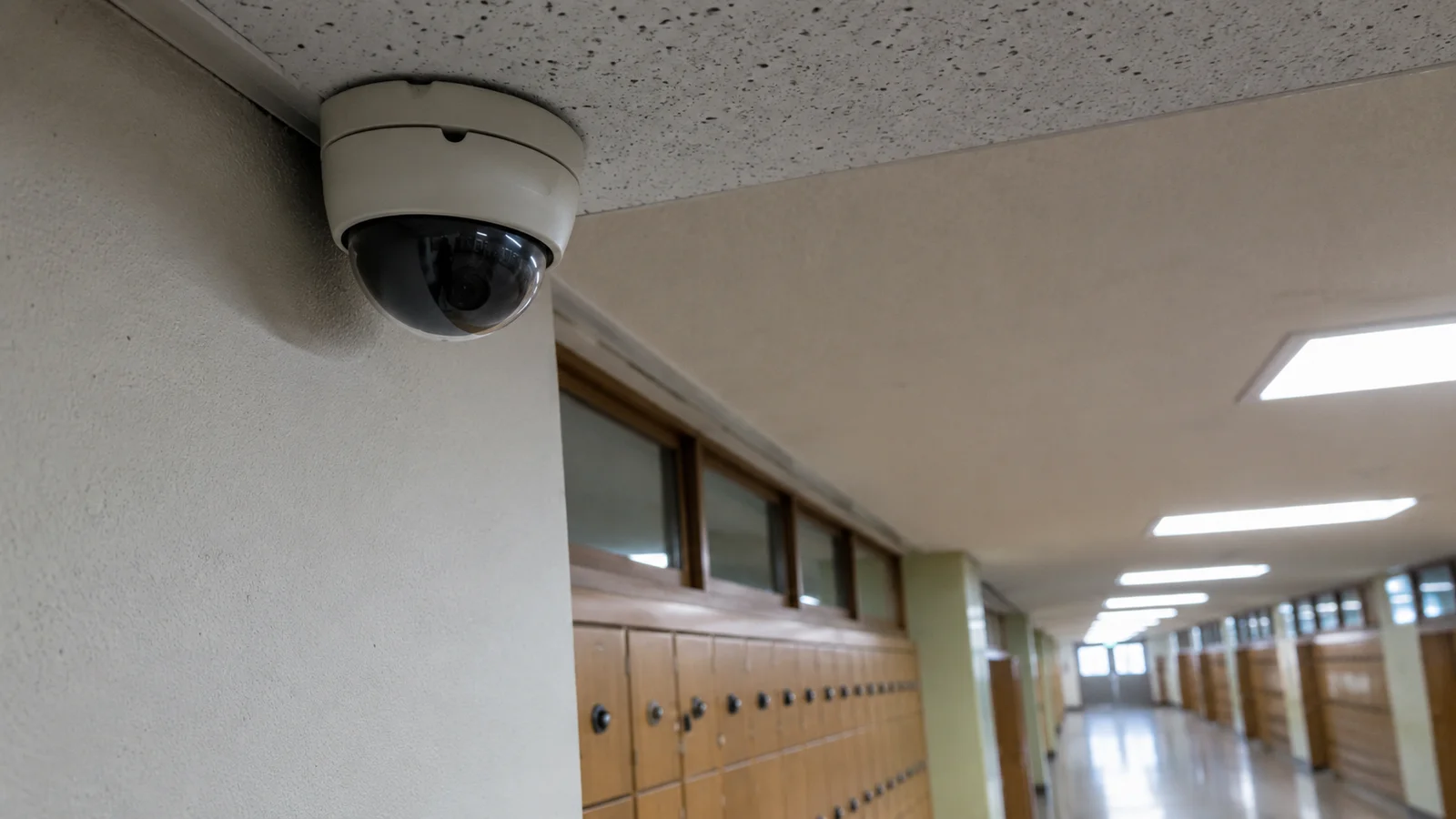 학교 복도 천장에 설치된 CCTV 카메라
