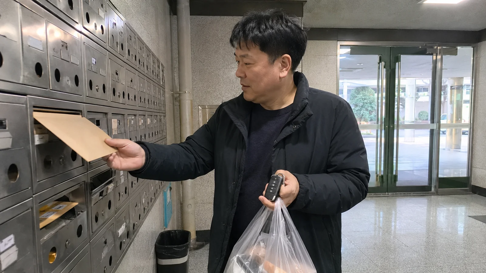 아파트 우편함에서 등기 봉투를 꺼내는 중년 남성의 손