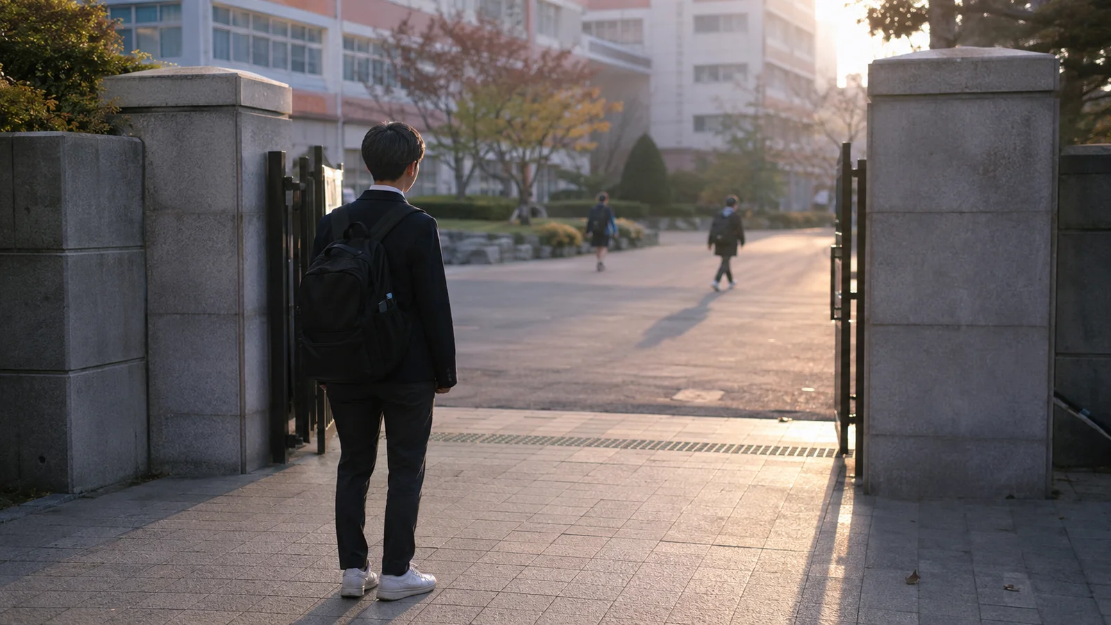 이른 아침 고등학교 교문 앞에 홀로 선 남학생
