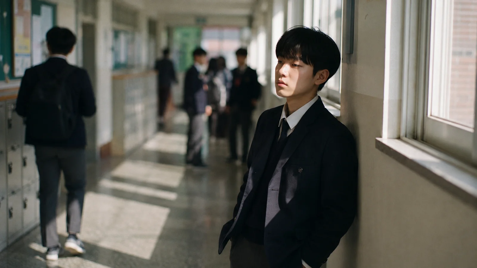 여러 학생이 오가는 학교 복도에 혼자 서 있는 학생