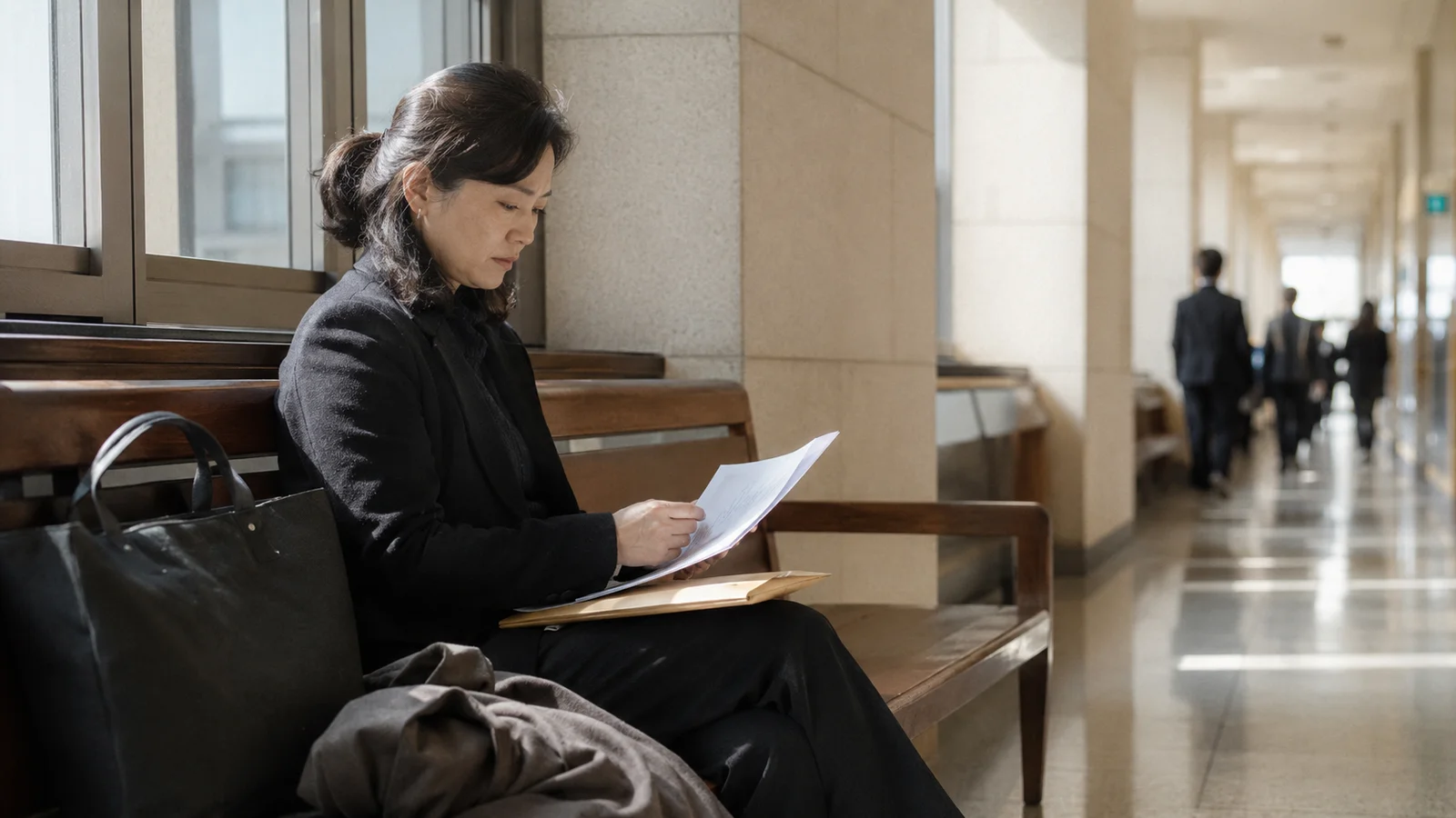법원 청사 복도 의자에서 서류 봉투를 든 채 기다리는 보호자