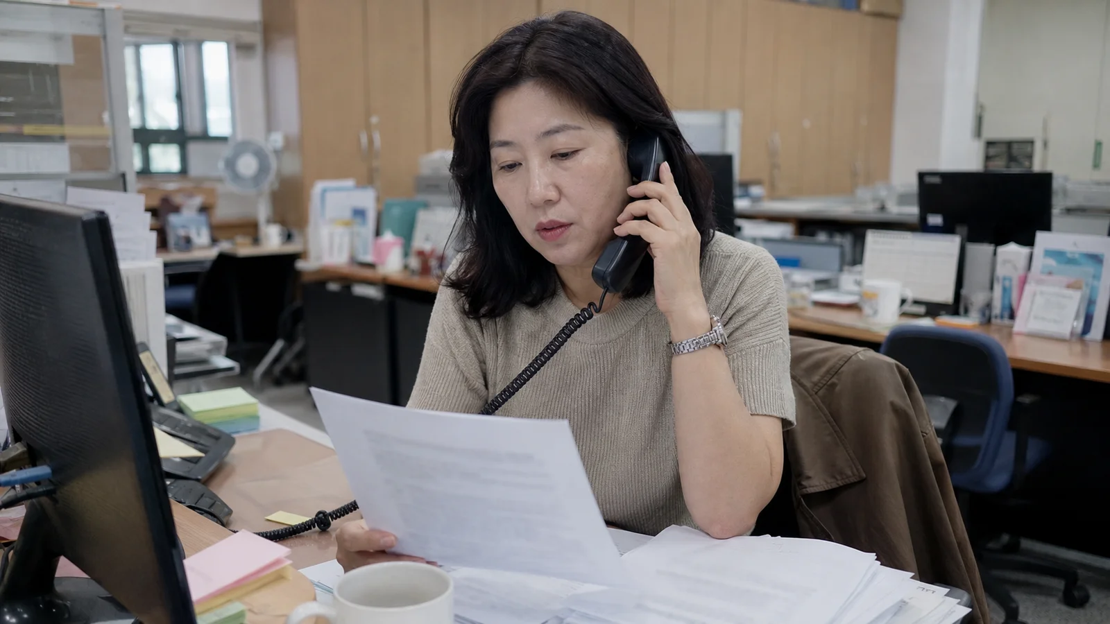 교무실 책상에서 서류를 보며 통화하는 교사