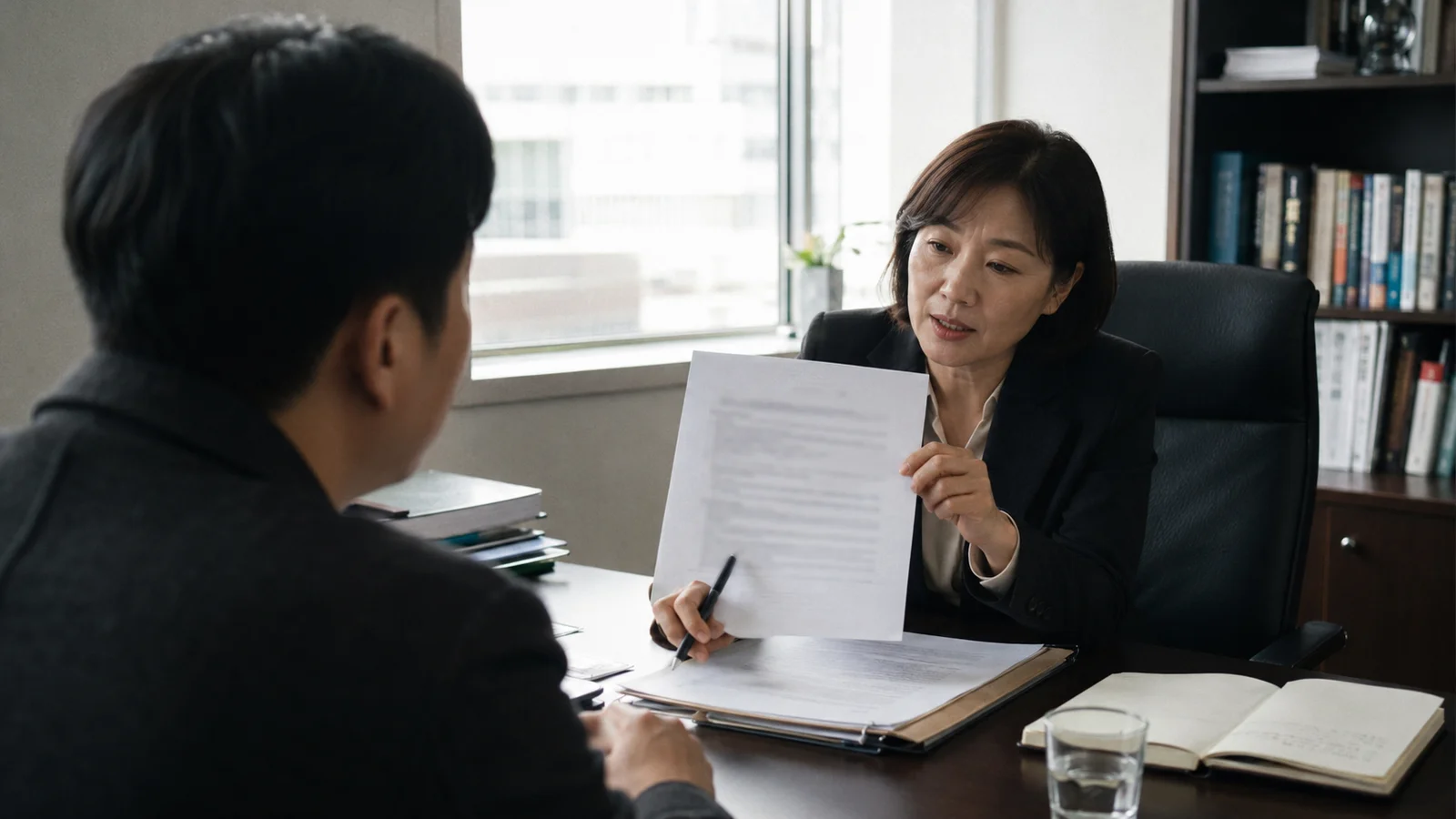 법률 상담실에서 서류를 앞에 두고 이야기하는 두 사람