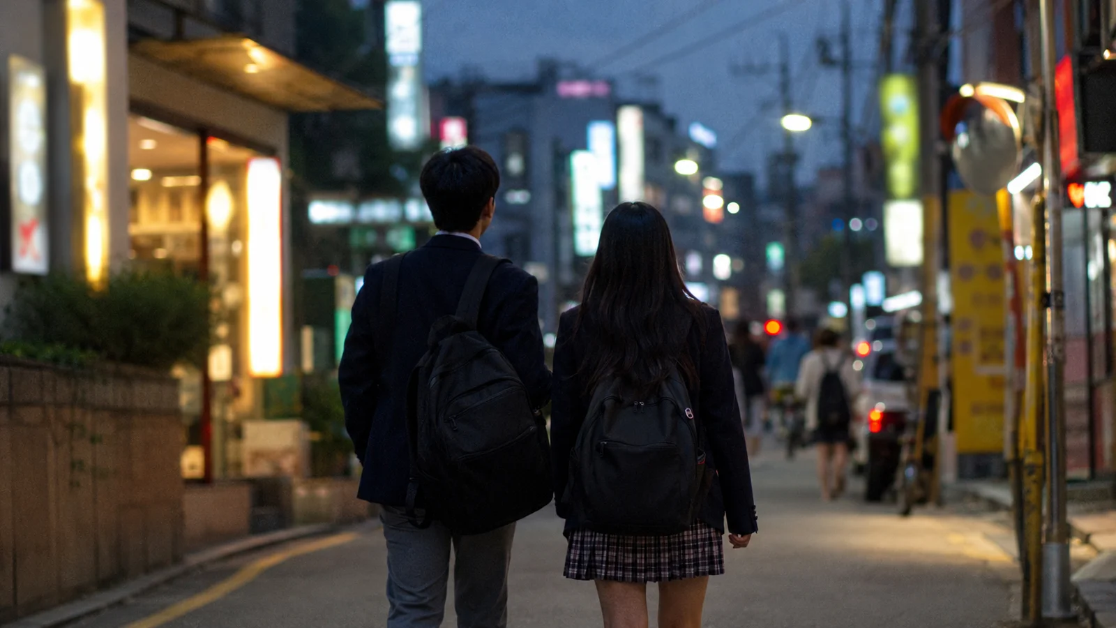 저녁 무렵 학원가 골목을 나란히 걸어가는 교복 차림의 남녀 중학생 뒷모습