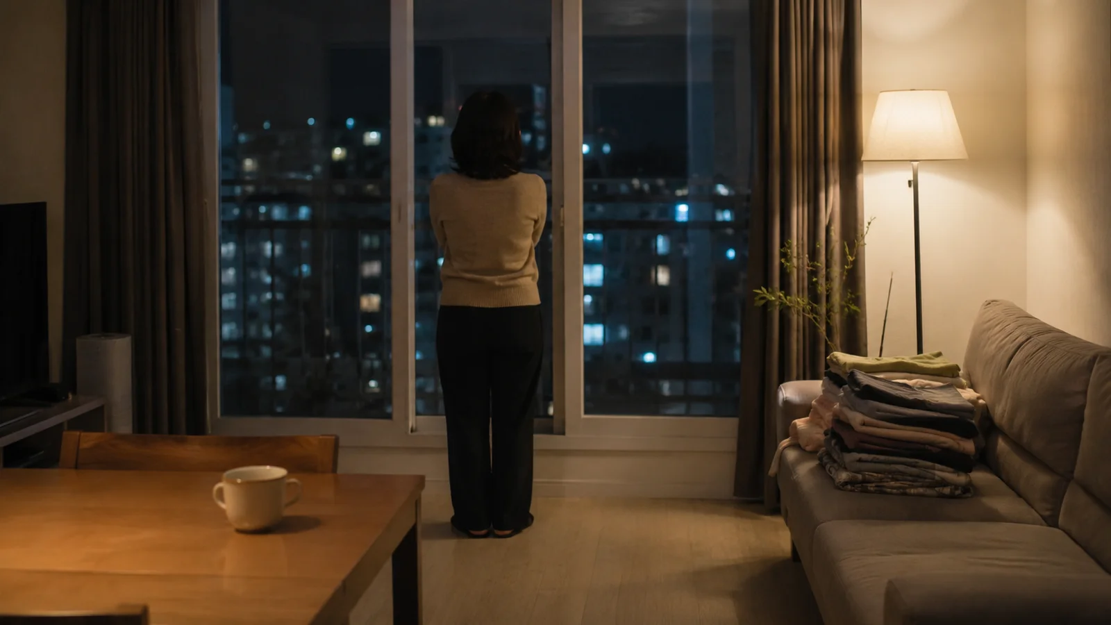 밤늦은 거실에서 베란다 창밖을 바라보며 서 있는 어머니의 뒷모습