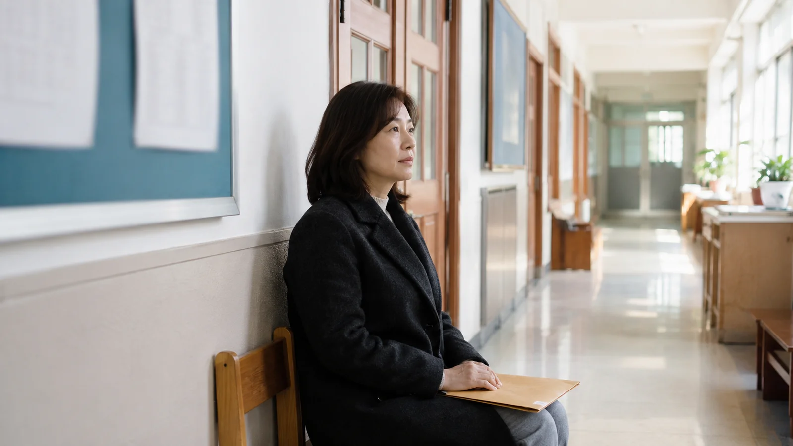 학교 상담실 앞 복도 의자에서 서류 봉투를 들고 기다리는 학부모