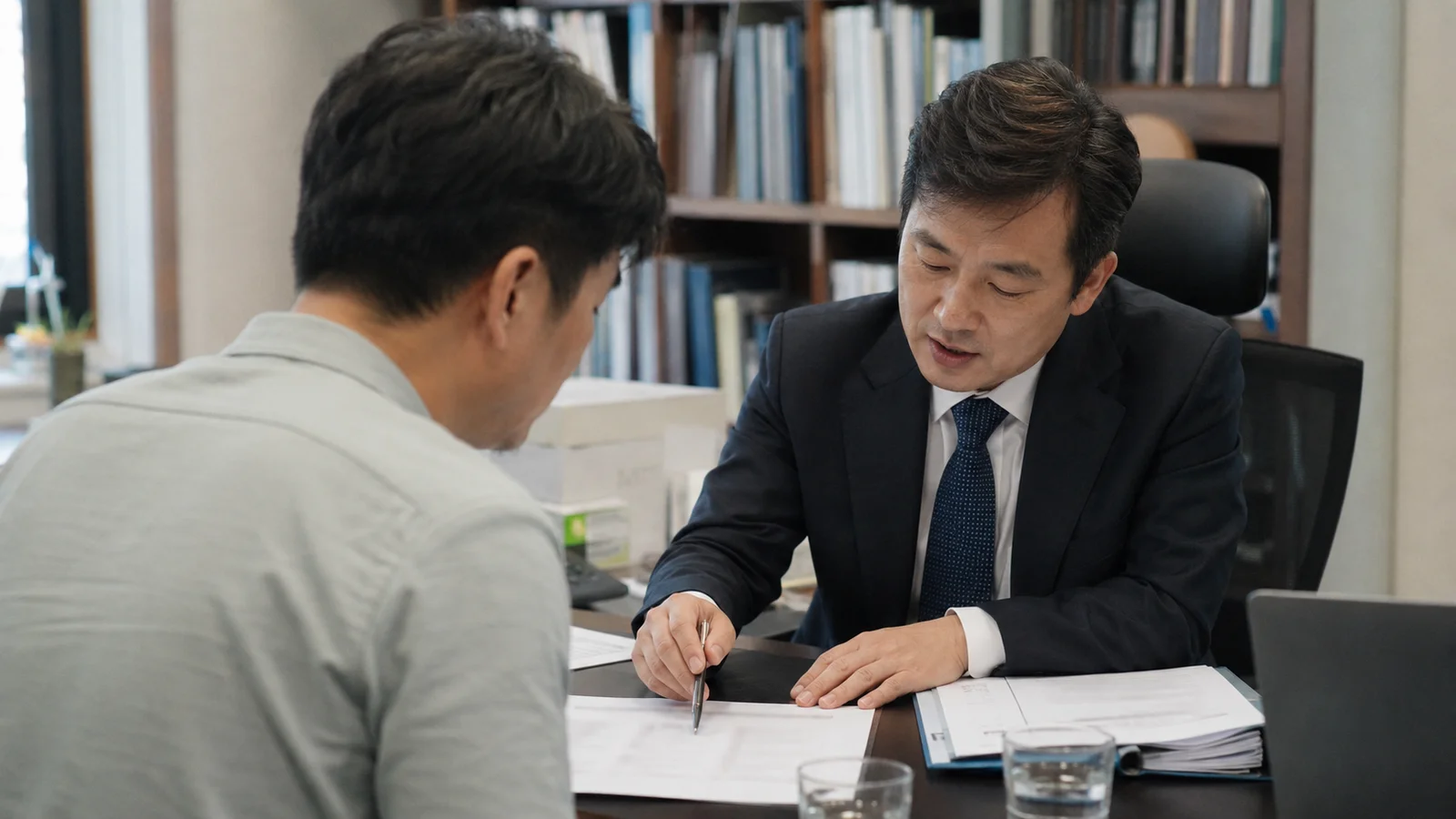 변호사 사무실에서 학부모가 변호사와 마주 앉아 서류를 함께 보며 상담하는 모습