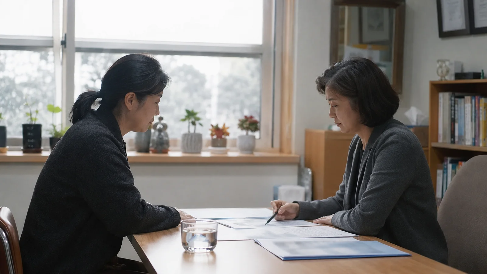 오후 학교 상담실에서 마주 앉아 상담하는 모습