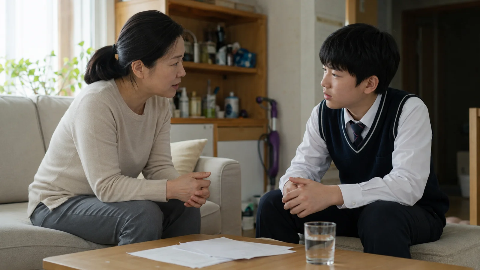 낮 거실 소파에서 교복 입은 자녀와 보호자가 마주 앉아 이야기하는 모습