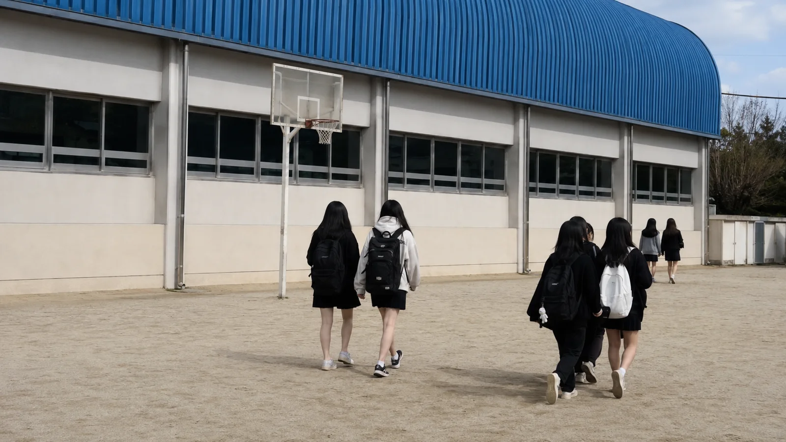 낮 학교 운동장 체육관 앞을 지나는 학생들의 뒷모습