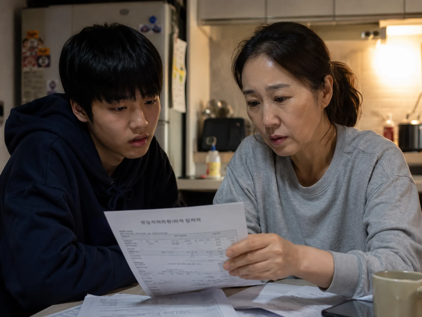 학교폭력 처분 통지서를 함께 살펴보는 부모와 학생의 모습