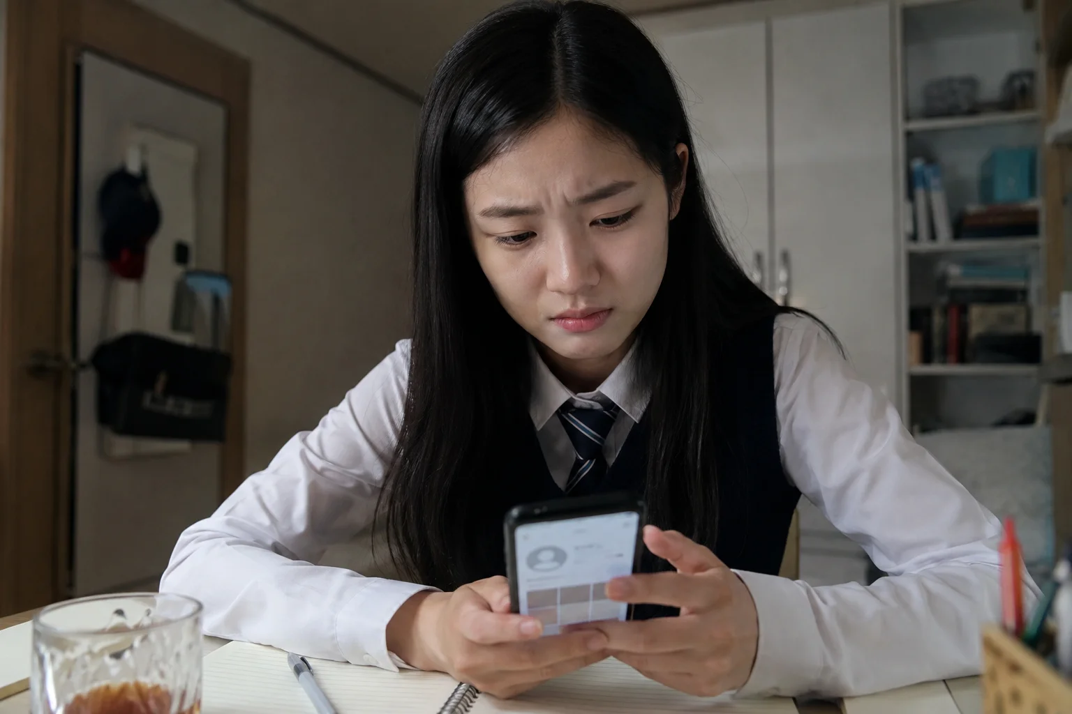 다른 학생을 사칭한 SNS 계정 화면을 확인하는 장면