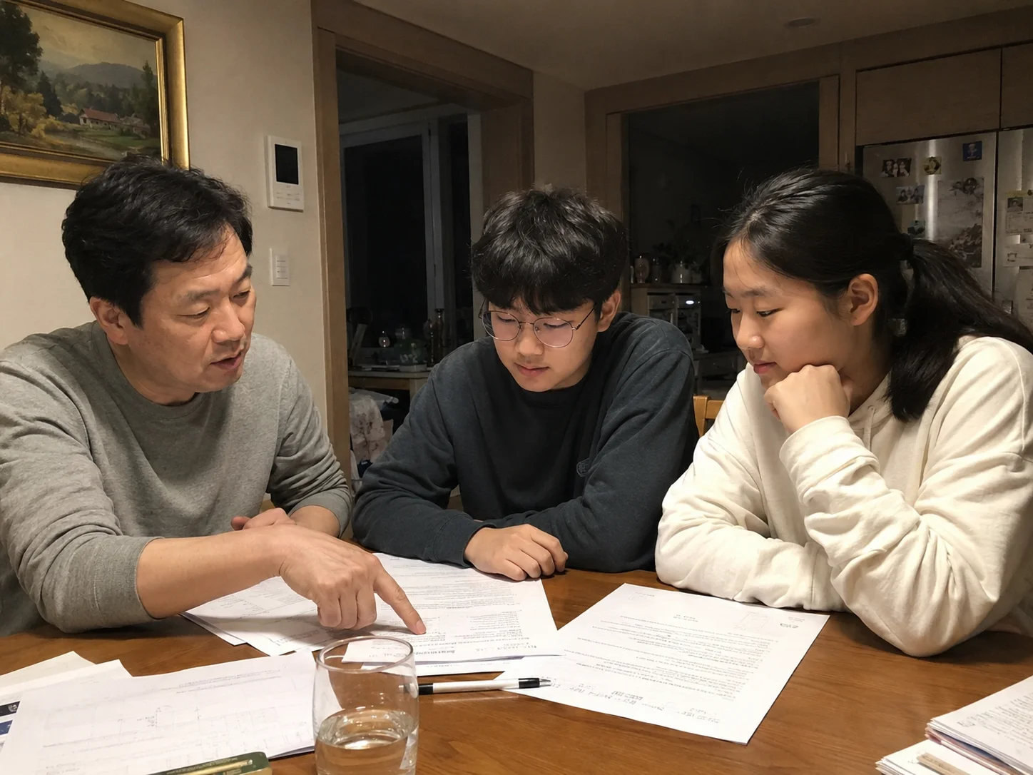 가족이 함께 손해배상 서류를 살펴보는 모습