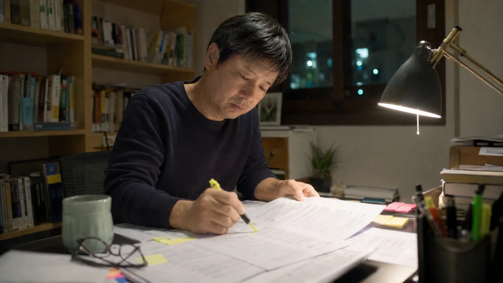 서재에서 자료를 검토하는 모습