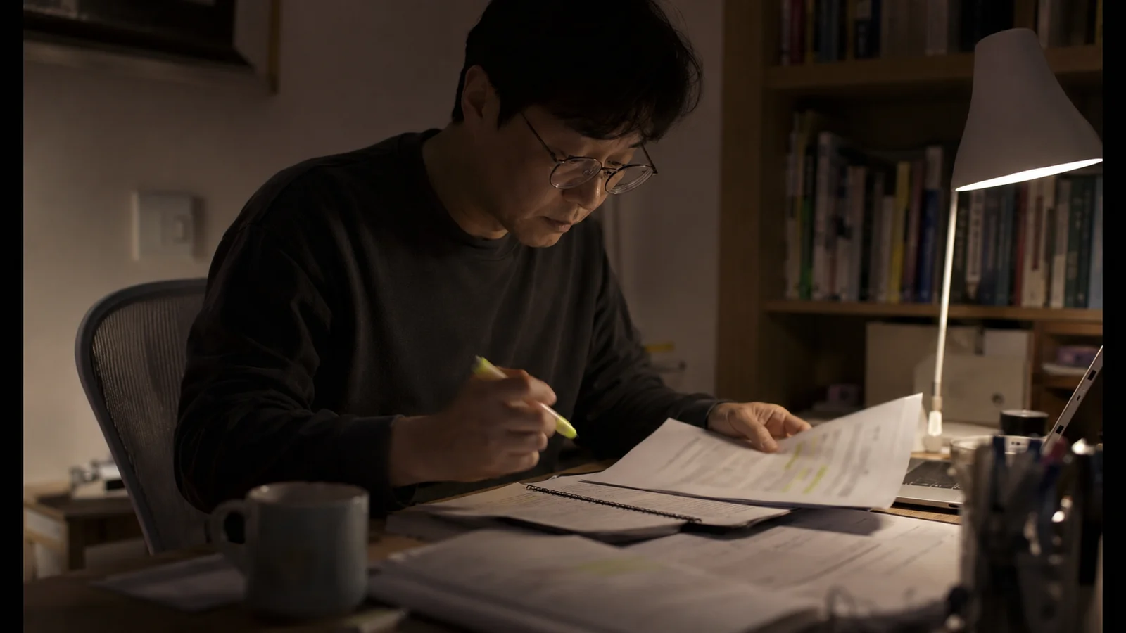 서재에서 자료를 검토하는 모습