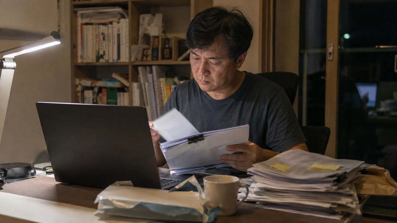 밤늦게 서재에서 노트북과 소송 서류를 검토하는 학부모