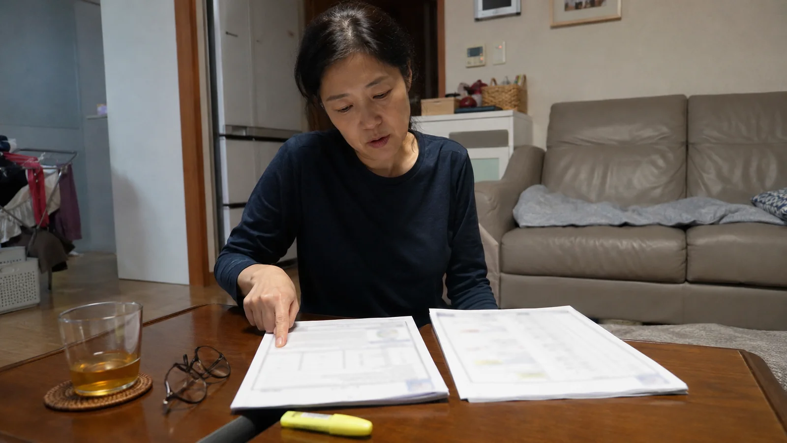 저녁 거실 탁자에서 처분 통지서와 재결서 두 서류를 나란히 놓고 비교하는 학부모